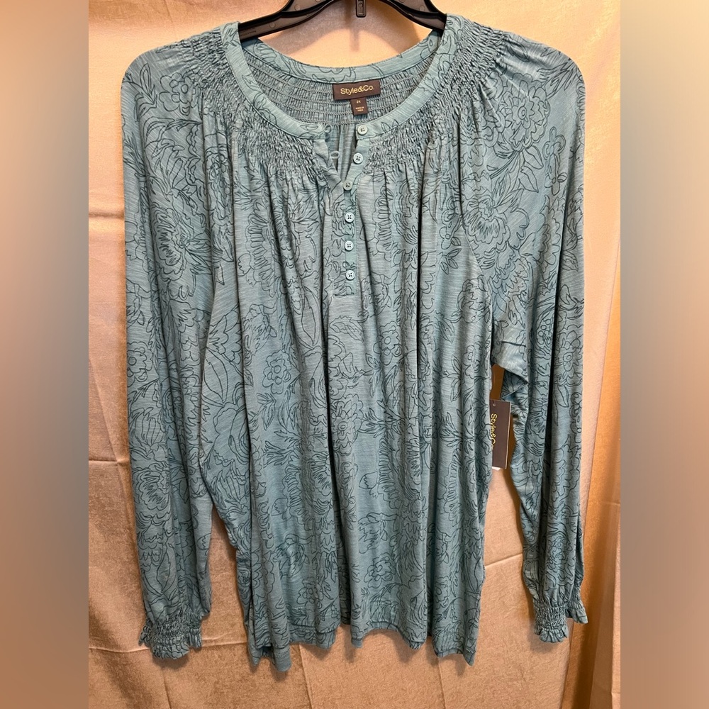 STYLE & CO (Macy’s) Floral Print Long Sleeve Knit Top, smocked neckline & cuffs